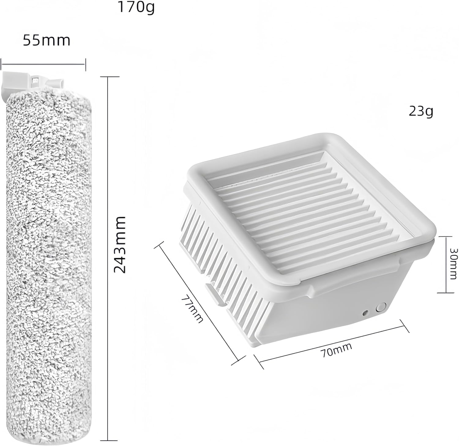 Dimensions of the roller brush and filter