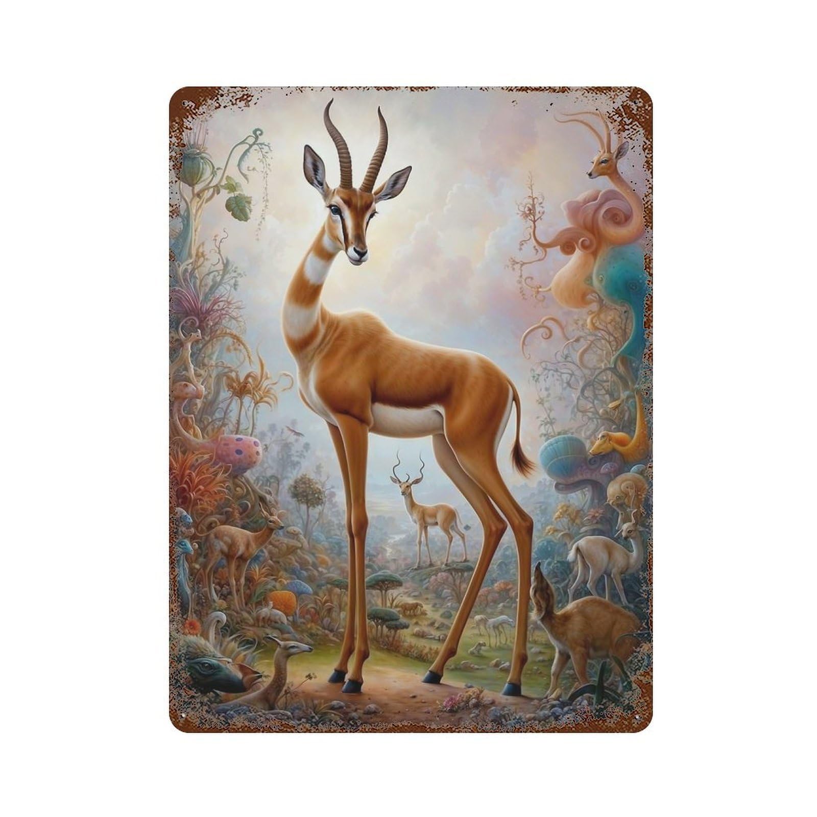 Decorative Tin Sign Surreal Whimsical Gazelle 15.7"x11.8", Decorative Metal Wall Art for Garage, Bar And Workshop Decor