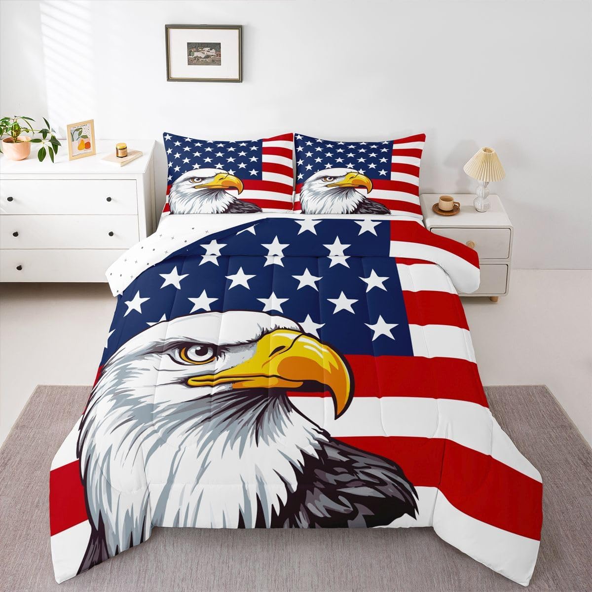 Erosebridal American Flag Bedding Set, Eagle Comforter Set Queen Size for Kids Teens Adult, United States Quilted Duvet Boys USA Federations Stars Stripe Down Comforter, Blue Red and White
