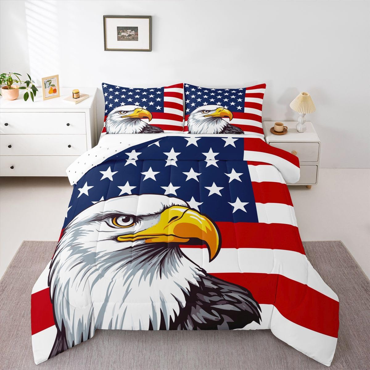 Erosebridal American Flag Bedding Set, Eagle Comforter Set Twin Size for Kids Teens Adult, United States Quilted Duvet Boys USA Federations Stars