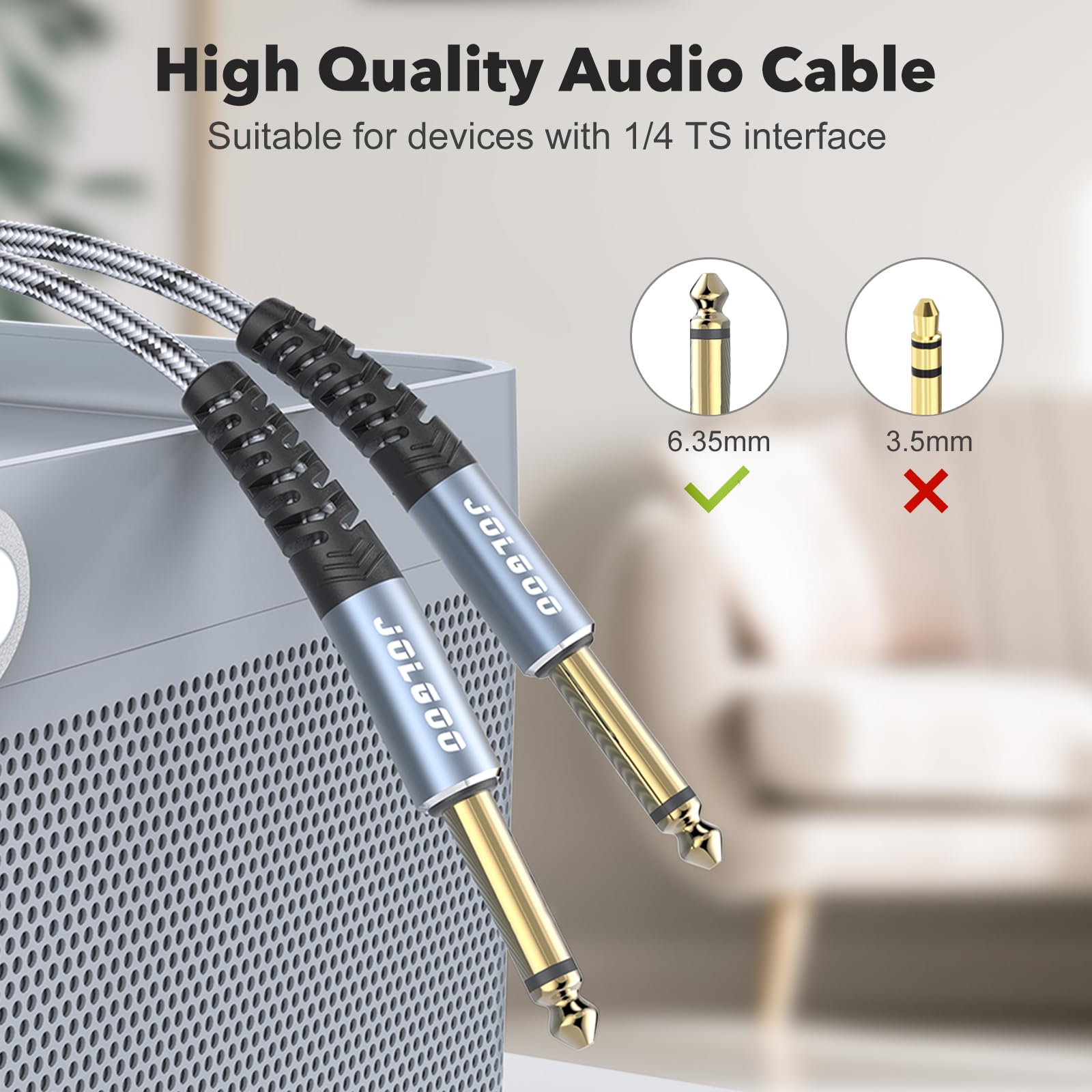 JOLGOO 1/4 Inch Guitar Instrument Cable 2-Pack, 1/4 inch TS Guitar Cable, Quarter inch Cable, for Electric Guitar Bass - Image 4