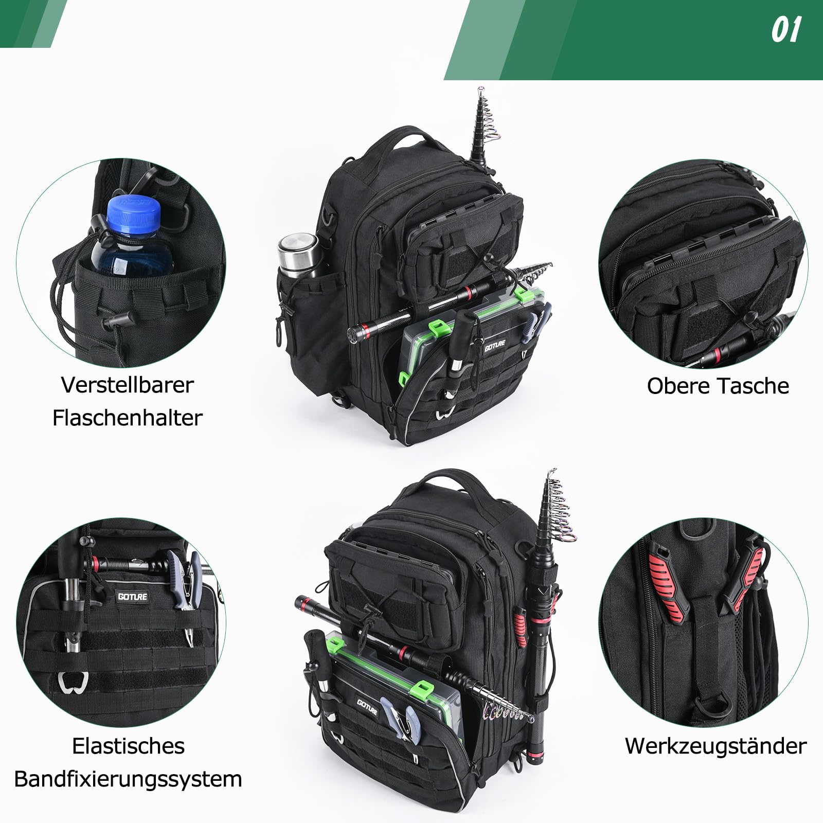 Goture Angelrucksack mit 2 Köderbox Angeln, Angelzubehör-Rucksack mit Rutenhalter, Tasche für Salzwasser- und Süßwasserfischen Angeltasche