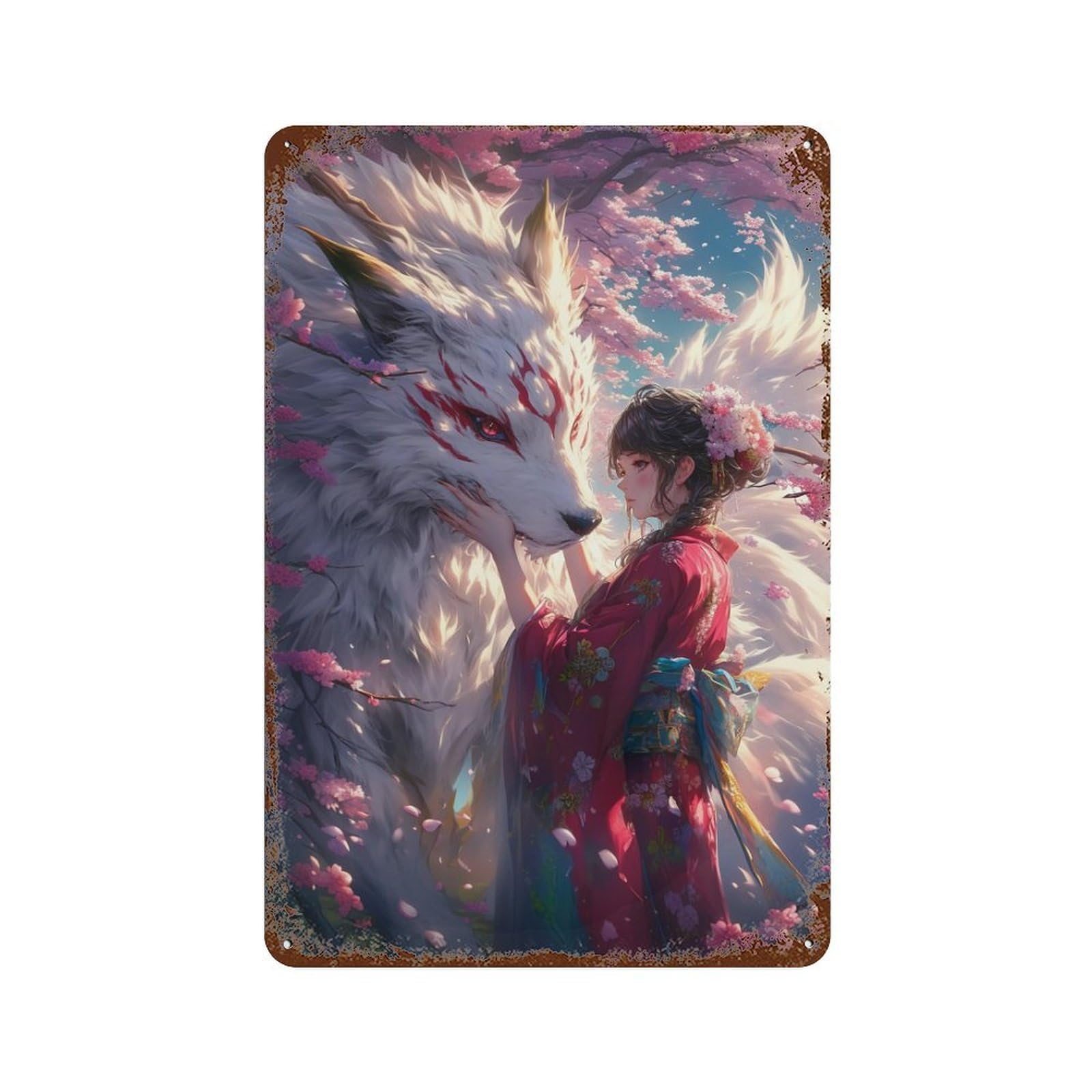 Cherry Blossom Fantasy Woman with Wolf 11.8"x7.9" Aged Metal Wall Plaque, Vintage Wall Decor for Bistro, Counter And Cafe Decor