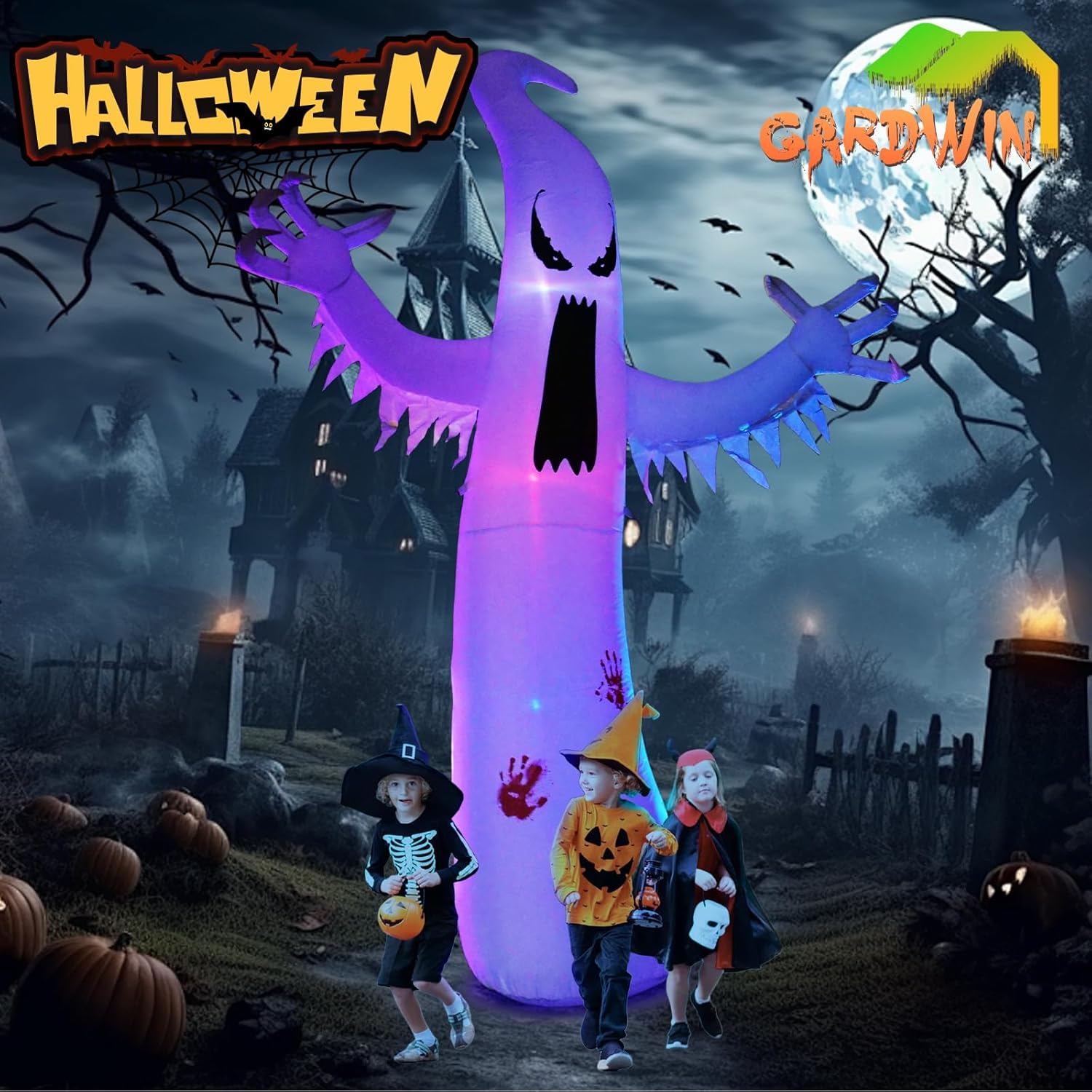 Gardwin 8FT High Halloween Inflatables Ghost Outdoor Decorations, Inflatable Yard Decorations, Blow up Outdoor Halloween Holiday Decor with 4 Color LED Lights for Home Yard Garden Lawn