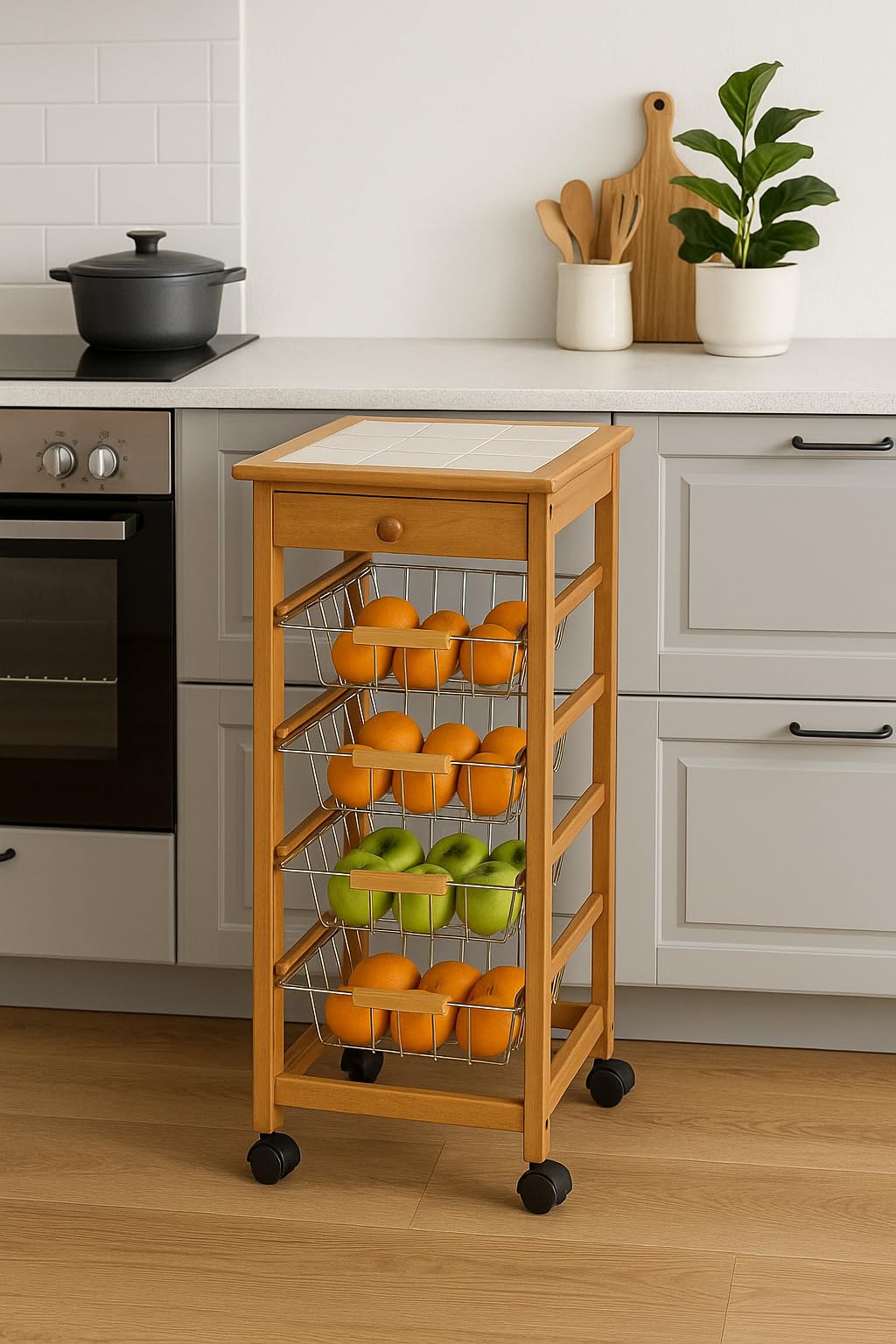 Meyvaser Carrello da cucina in legno, Carrello da cucina con ruote salvaspazio, 1 cassetto e 4 vassoi in metallo 85x37x37 Cm Colore Miele