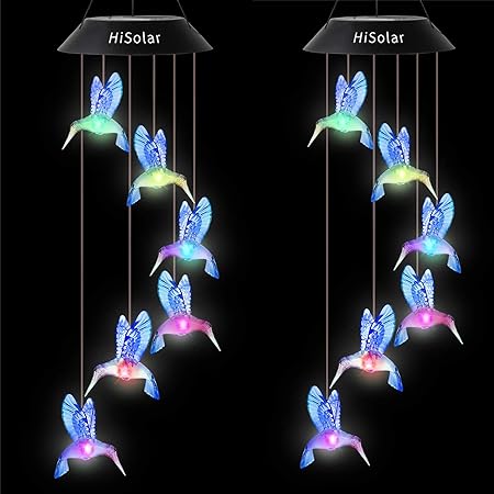 HiSolar 2 Pack Hummingbird Solar Wind Chimes Color Changing Solar Mobile Light Waterproof LED Wind Chime Solar Powered Wind Mobile Colorful Light for Home Party Yard Garden Decoration Blue