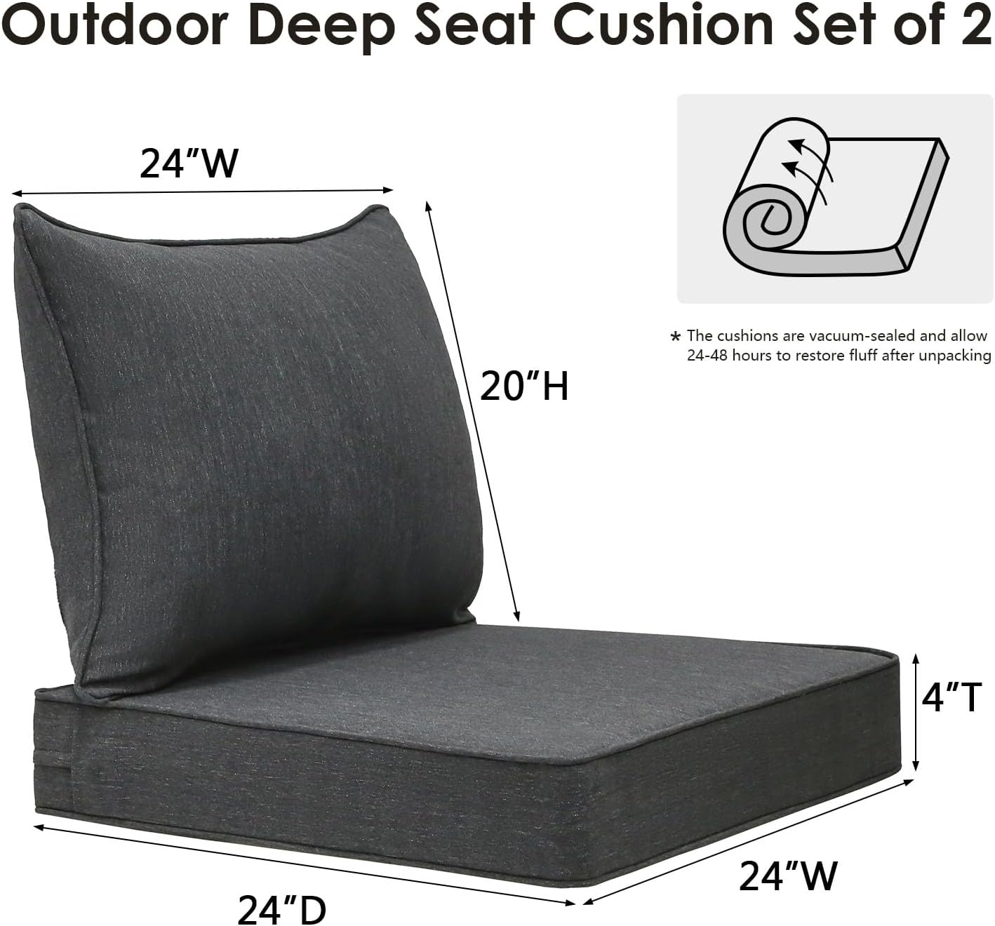 Outdoor Patio Chair Cushions Set, 24 x 24, Set of 2, Water-Repellent, Fade Resistant, Deep Seat Bottom and Back Cushion for Backyard, Couch, Sofa and Patio Furniture, Charcoal