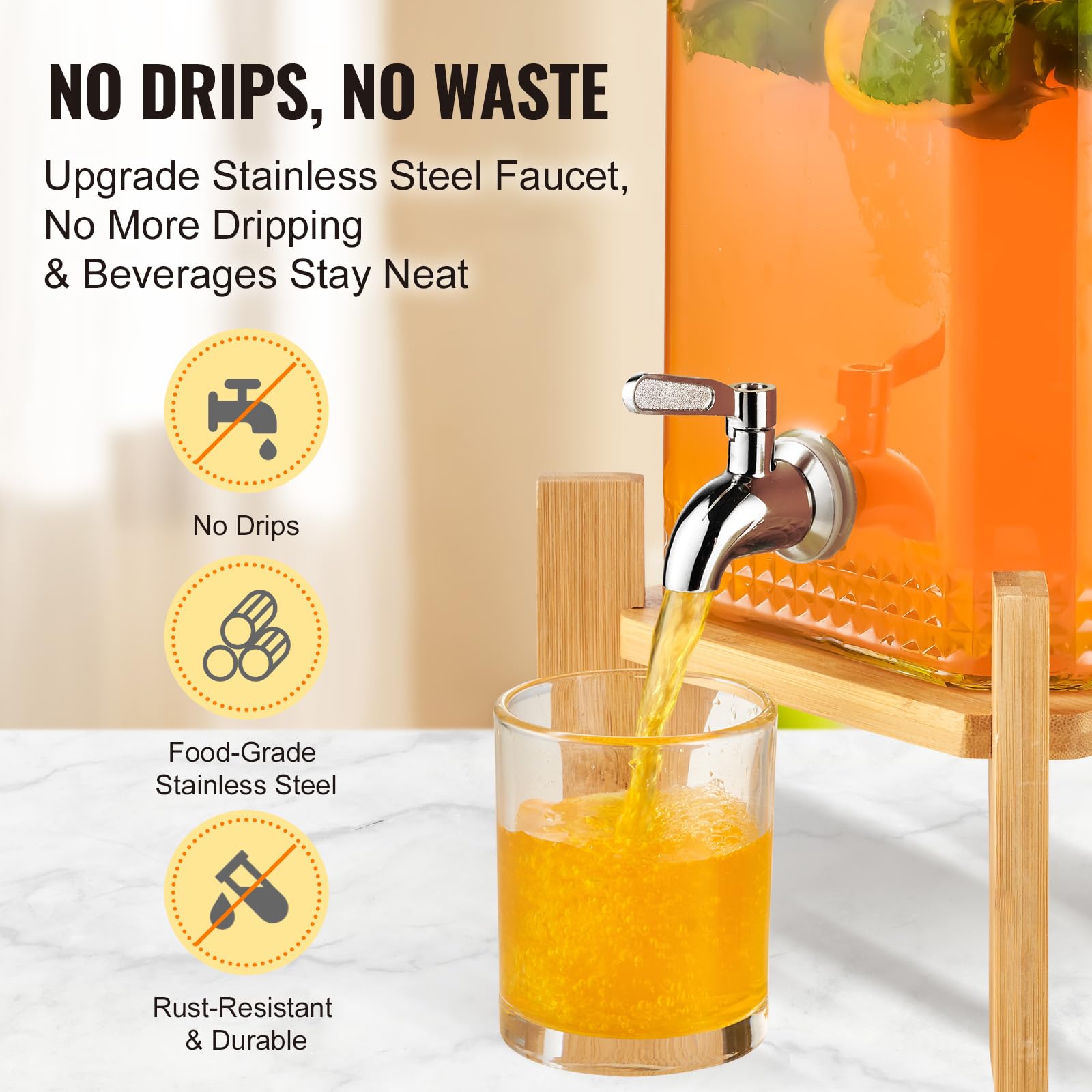 VEVOR Dispensador de Bebidas de 5,5 Litros para Fiestas, Dispensador de Jugo de Vidrio con Soporte, Espiga de Acero Inoxidable, Dispensador de Agua de Jugo de Limonada de Té Helado, 215 x 215 x 425 mm