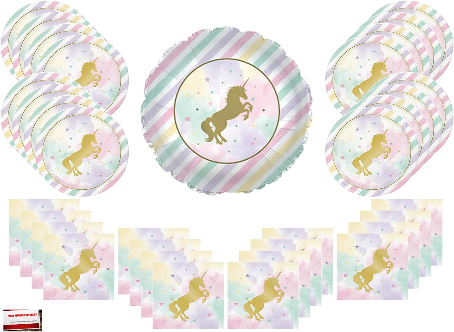 Unicorn Pink Rainbow Metallic Gold Sparkle Party Supplies Bundle Pack for 16 (17 Inch Balloon Plus Party Planning Checklist by Mikes Super Store)