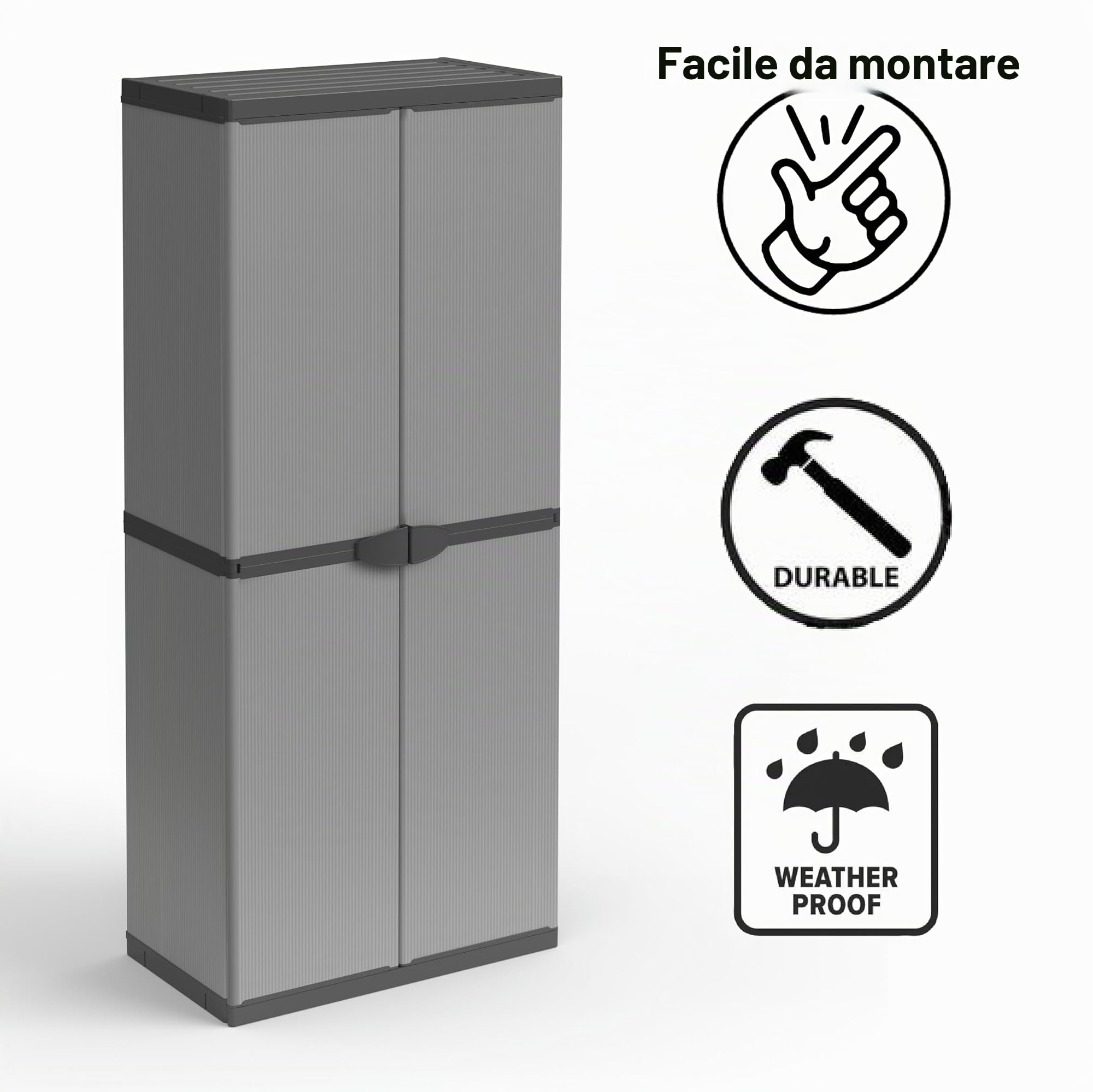Armadio Portascope Alto a 2 Ante in resina PVC e PP | per Interno/Esterno con ripiani regolabili in altezza, 68 x 39.5 x 168 cm