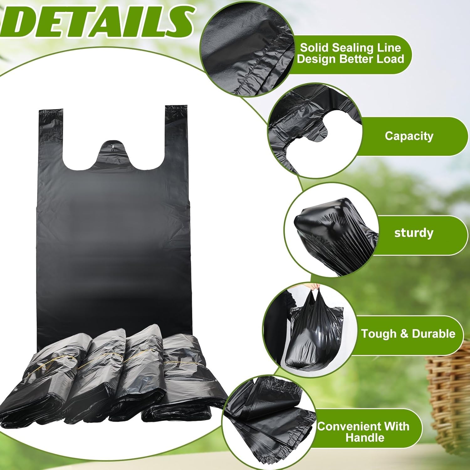 Kisston 400 Count Jumbo Size Plastic T Shirt Bags with Handles, 35 Mic, XX Large Plain Plastic T Shirt Grocery Bags, Thick and Heavy Duty (25" X 15",Black) - Image 4