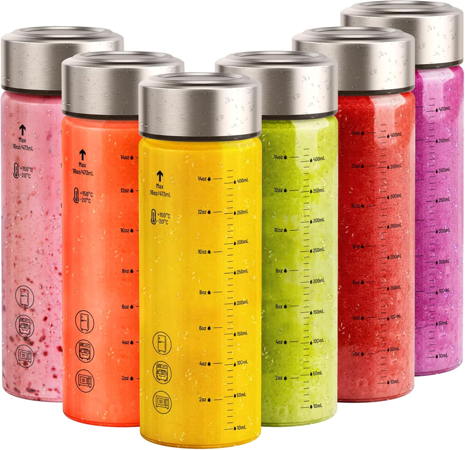 Sursip Glass Juice Bottles 6 Pack 16 oz – Wide Mouth Reusable Bottles with Stainless Steel Lids – Heat-Resistant Borosilicate Glass, BPA Free, Leakproof for Juicing, Smoothies, Milk, Infused Water