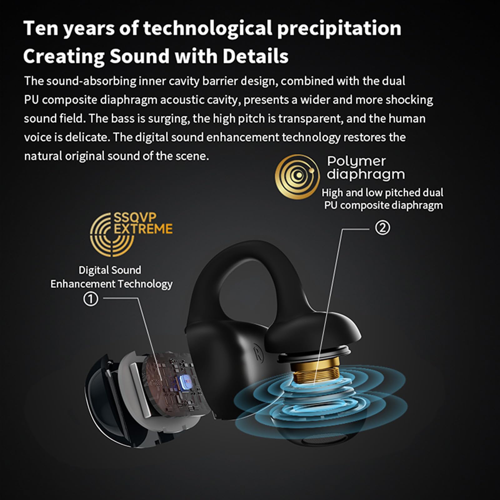 KHEALING Oreillette sans fil Bluetooth avec clip d'oreille, haute qualité sonore, longue durée de vie, faible latence, réduction du bruit, casque de jeu et de sport (noir)