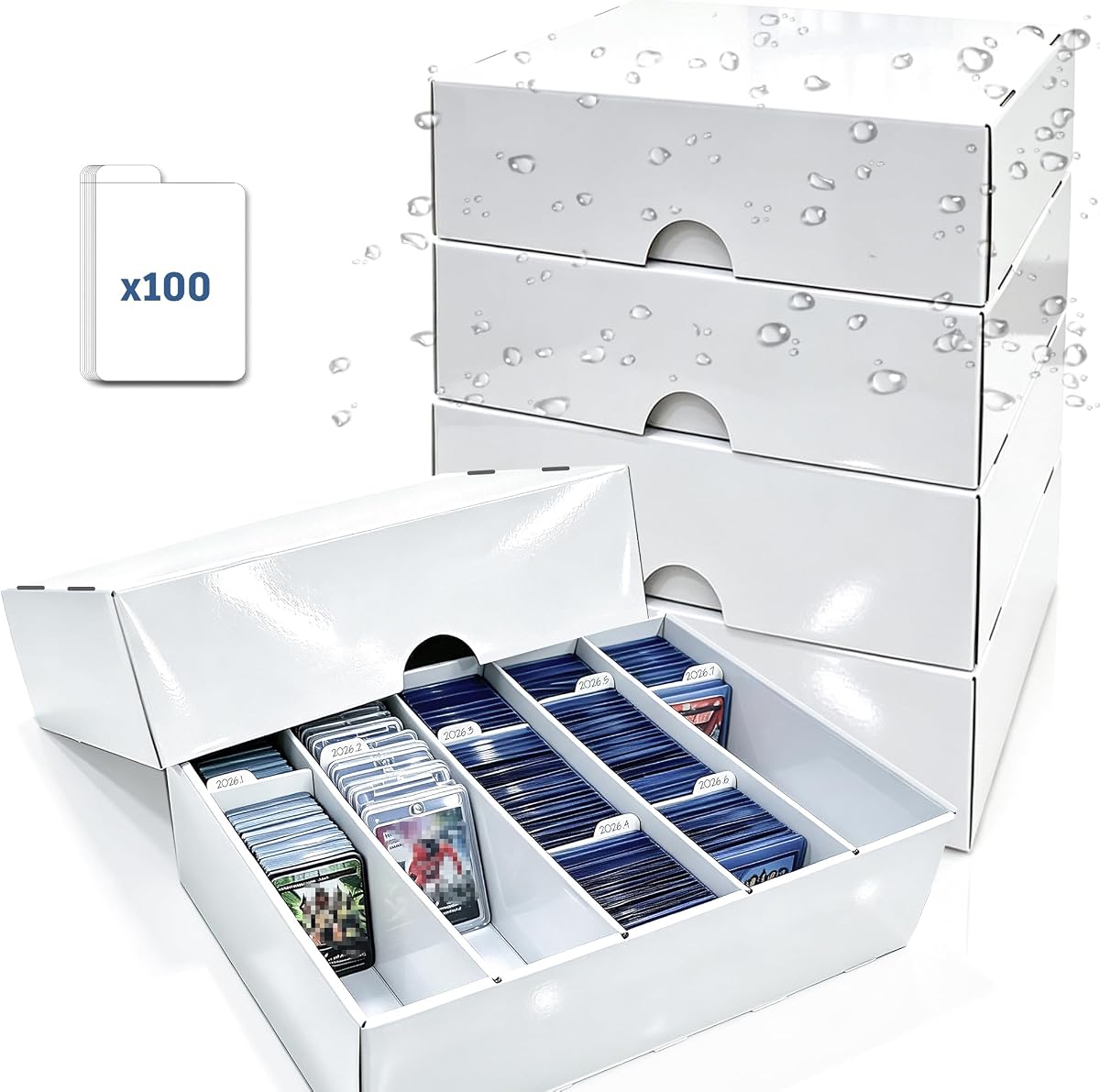 4-PACK Trading Card Storage Box 5 Row for 5000ct TCG / 3000ct Sports Cards | Bulk Card Storage for Sleeved / Toploaders / Magnetic Holders, Cardboard Storage Box With Divider, 4-Flap Structure Card Box