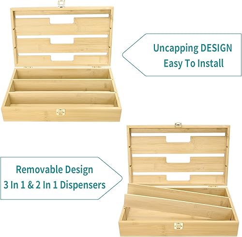 Miniatura 4 de UOIENRT Organizador de papel de aluminio y plástico, dispensador de plástico de bambú 3 en 1 con cortador, organización y almacenamiento de papel de
