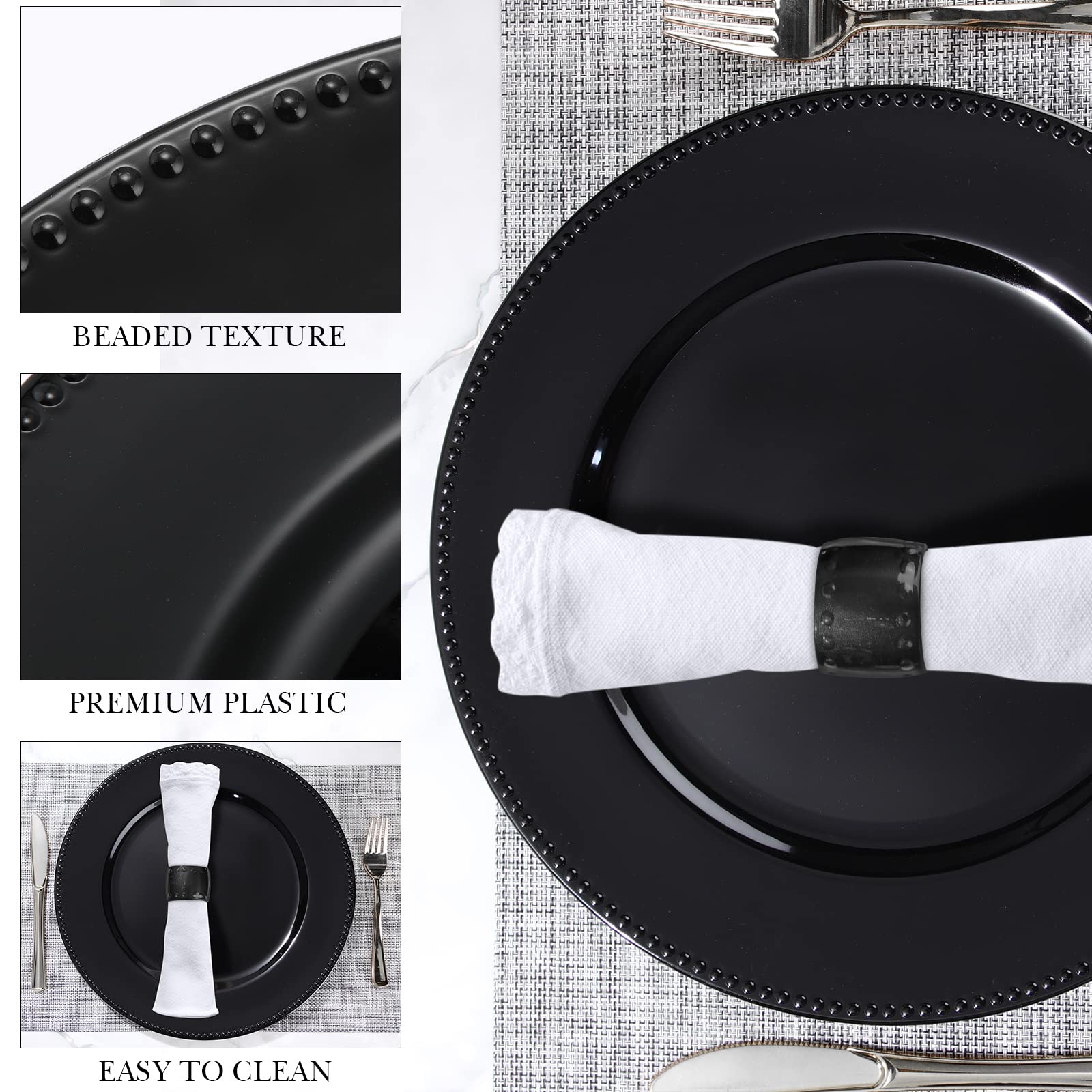 24 Pieces 13 Inch Round Charger Plate with Matching Napkin Rings Plastic Charger Plates Decoration Charger Plates with Decorative Beaded Rim for Dinner Wedding Party Event Decoration (Black)