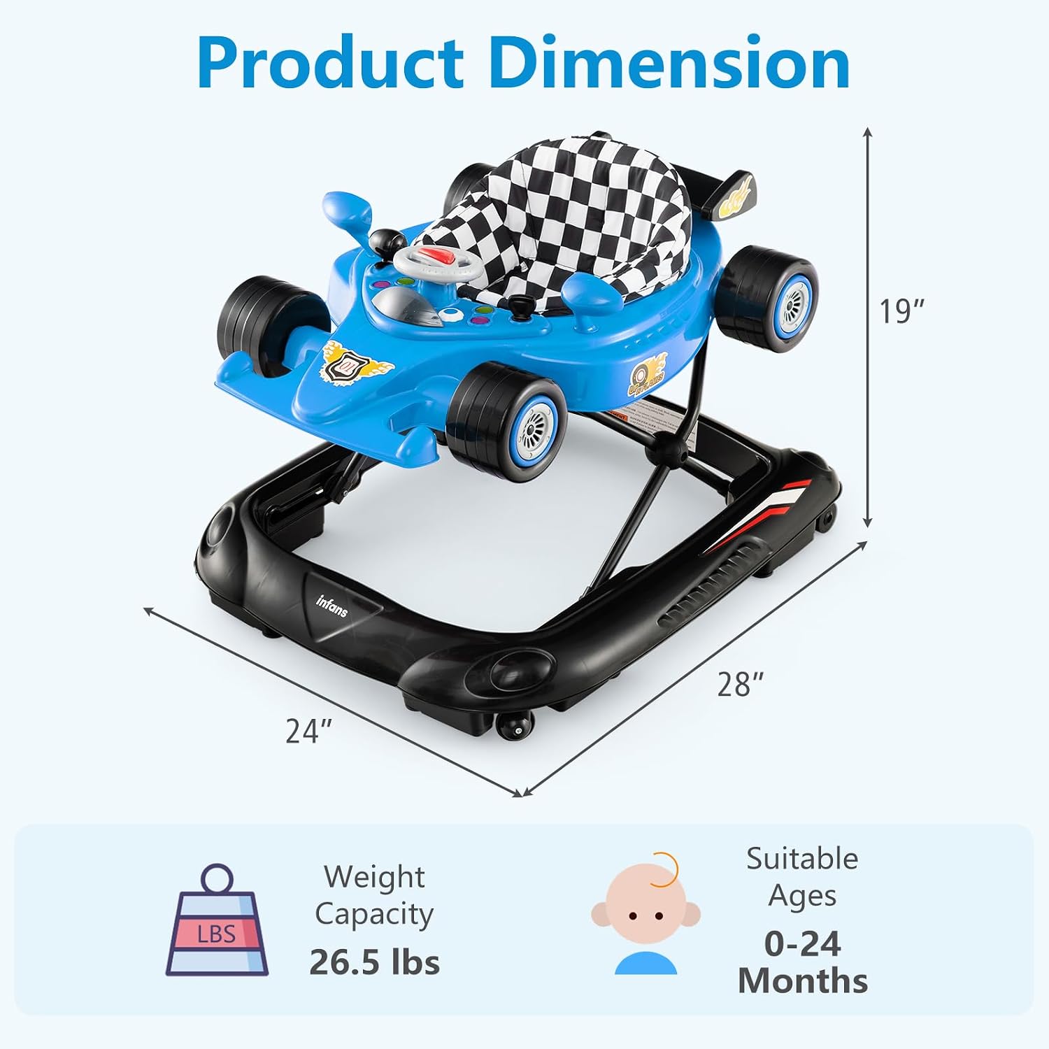 INFANS Foldable Baby Walker, 3 in 1 Toddler Activity Center Leaning-Seated Walk-Behind with Steering Wheel, Adjustable Height, Lights, Music, Washable Seat Cushion (Blue)