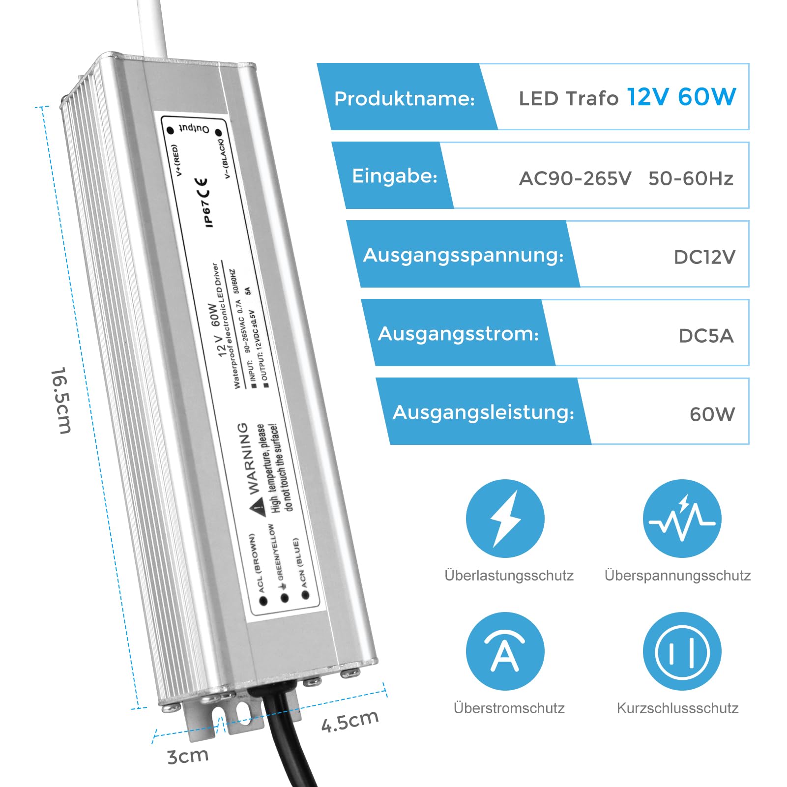 LightingWill Alimentation 12V 5A 60W IP67, Transformateur 220V 12V Étanche avec Prise, Convertisseur AD 220V vers DC 12 Volts, Transfo pour Bandes, Lampes et Projecteurs
