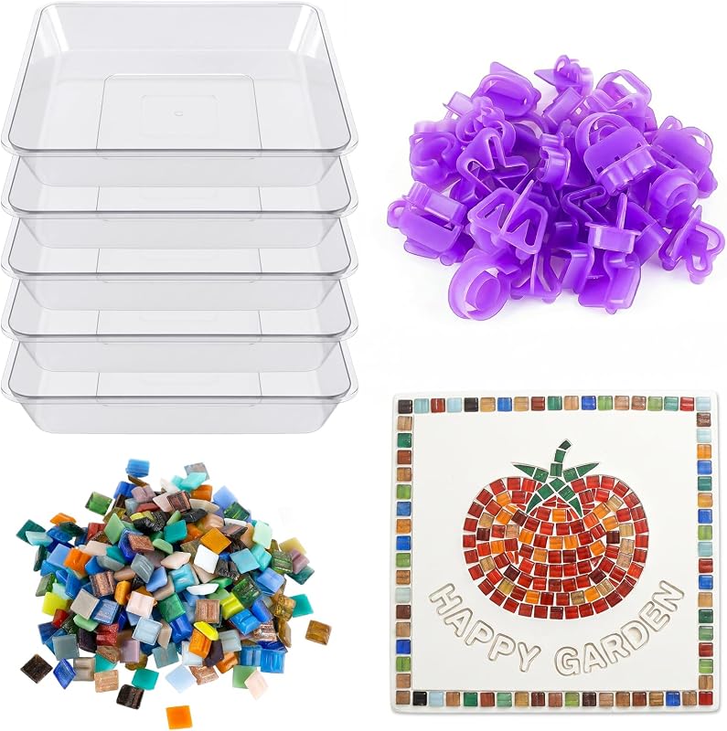 U0U 5Pcs Stepping Stone Kit Includes 12inch Square Cement Molds,Mosaic Tiles and Carving Tools,DIY Garden Stepping Stone Kit for Kids,Outdoor Walkways Pavement Decoration (No Concrete Mix)