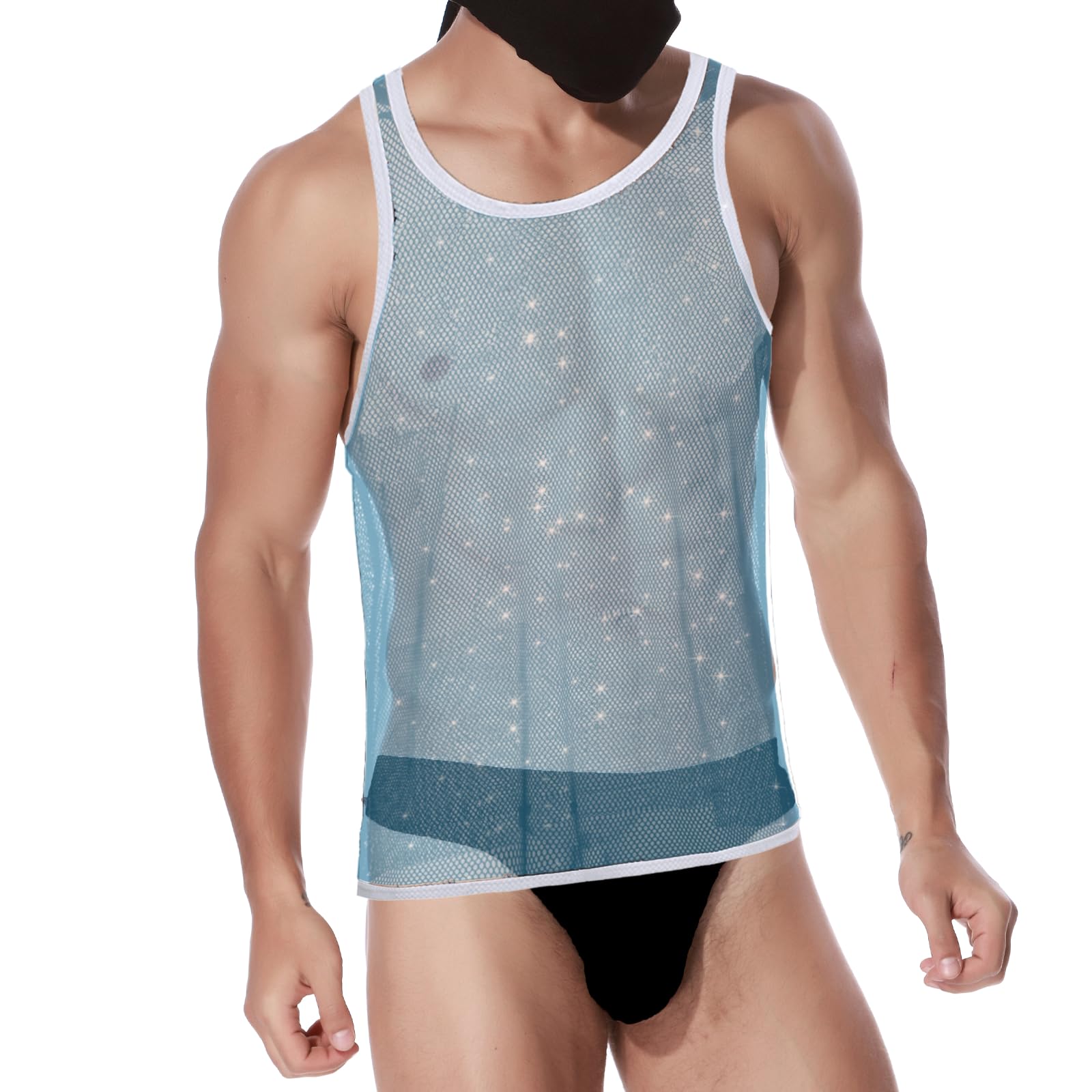 JINSHI Men's Sparkling Sleeveless Sheer Mesh Top, Fishnet Shirt, Sexy Transparent Tee, Ideal for Muscle Display