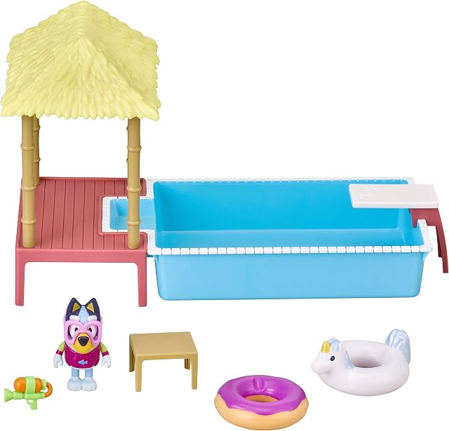 Bluey Pool Time Fun Playset: Bluey figure in Swim Suit, Pool with Diving Board and Deck and 4 Pool Accessories