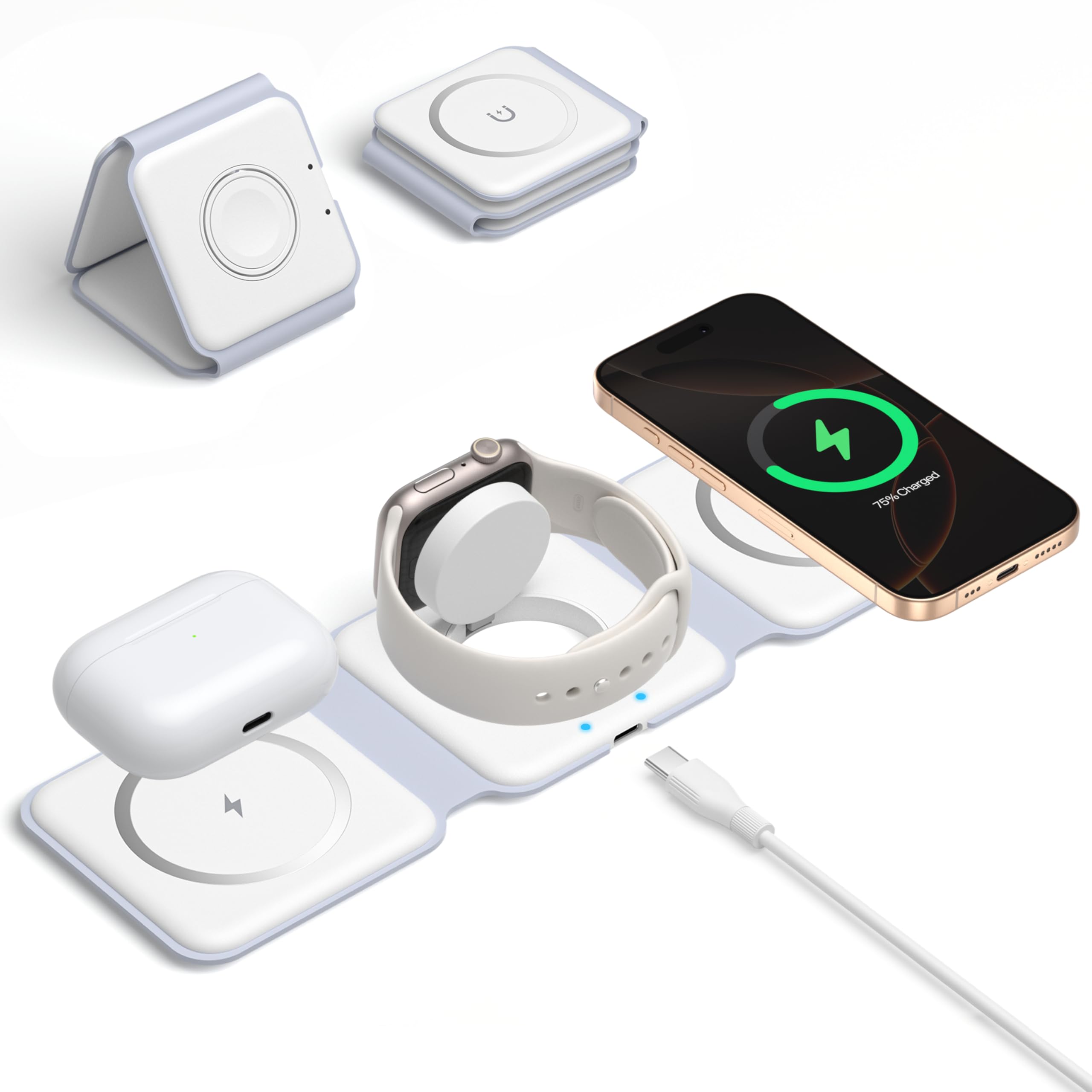 Caricatore Wireless, 3 in 1 Stazione Ricarica Pieghevole per Apple Watch 10/9/8/Ultra/7/SE,Phone 17/16/15/14/13/12, Magnetico Caricabatterie Wireless Base Ricarica Phone Apple Watch Air