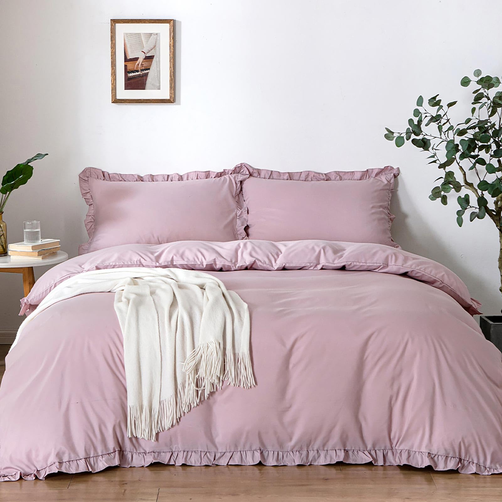 TokokimoPink Super King Duvet Set 3pcs Ruffle Design Bedding Sets Soft Microfiber Pink Frills Super King Duvet Cover with Zip Closure Easy Care Superking 260x220cm (Ruffle)
