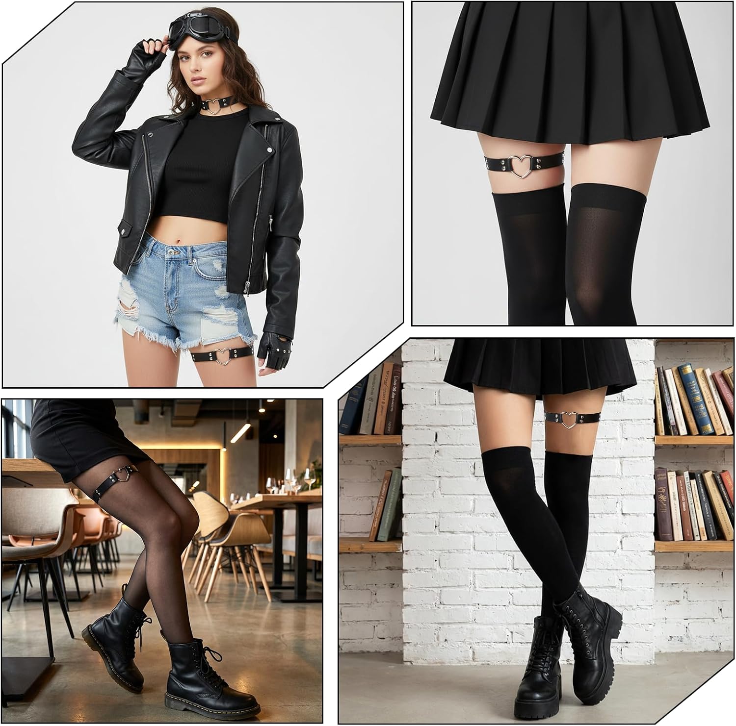 2Pcs Garter Belt for Women, PU Leather Black Leg Garters for Thigh, Heart Leg Garters for Women, Perfect for Cosplay Parties & Music Festivals, Black