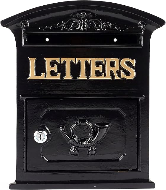 Safes uk Traditional Old Style Letter Post Box Wall Mounted Lockable Newspaper Holder Weather and Rust Resistant Solid Steel Construction Durable with Key Lock Parcel Delivery Mailbox (Black)