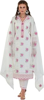 INDO ERA Women's Straight Pure Cotton Floral Embroidered Kurta & Pant with Dupatta Set (IEOUT10315) Price In India
