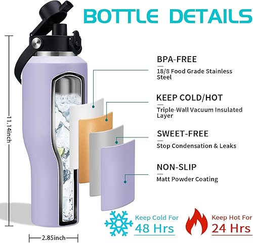 Miniatura 3 de Botella de agua aislada de 40 onzas con popote, tapa de boquilla, funda de transporte, termo de metal térmico para taza de viaje, mantiene el frío