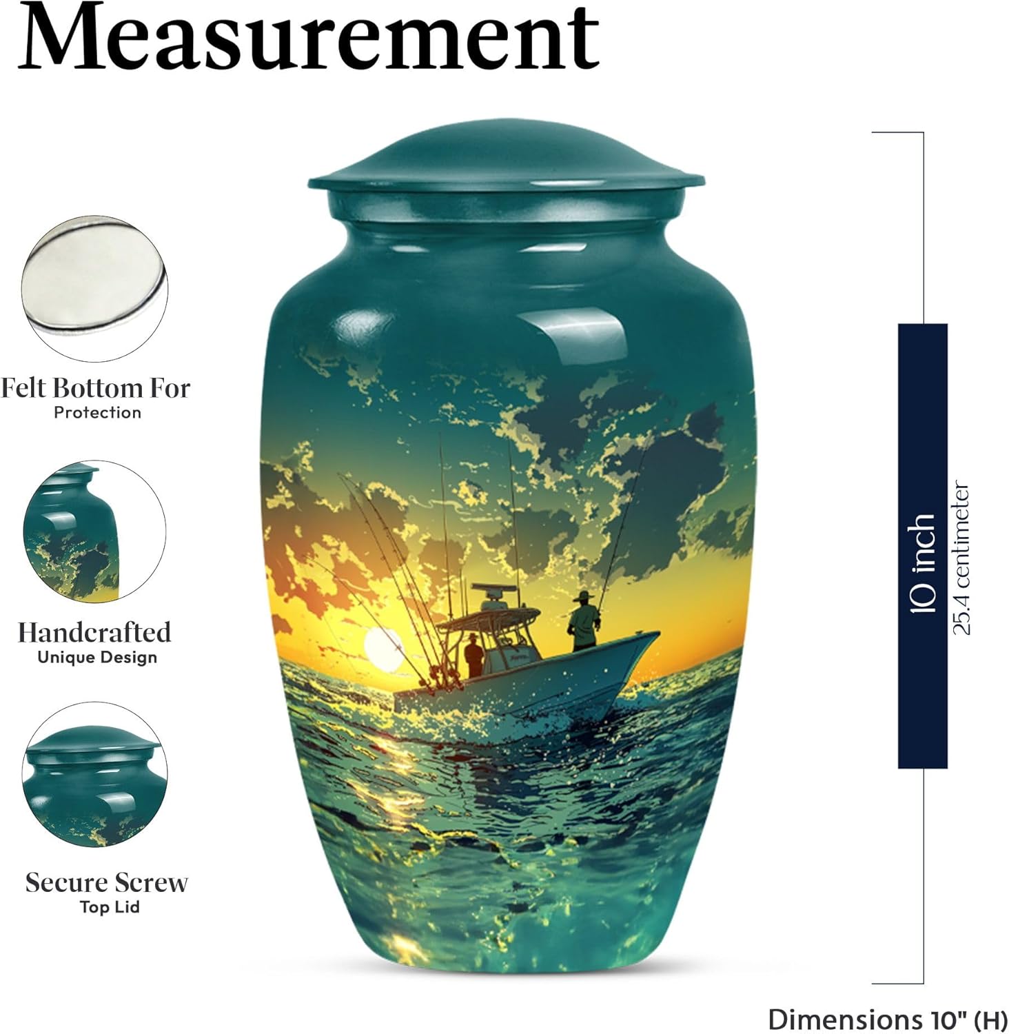 Fisherman Fishing Urns - Large Urn for Human Ashes Male & Female - Boat Memorial Cremation Urn - Sunset Ocean Decorative Funeral Urns for Ashes Adult Man & Women 10 Inch
