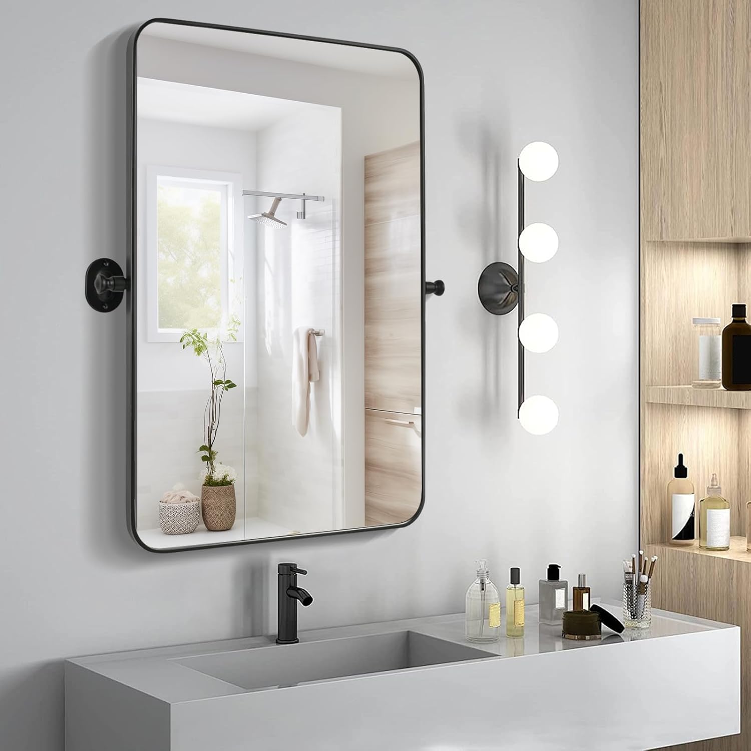Bolrok 30"42" Black Tilt Mirror Rectangle Vanity Mirror Pivoting Stainless Steel Metal Framed Bathroom Vanity Mirrors for Wall with Rounded Corners Black 42"L x 30"W