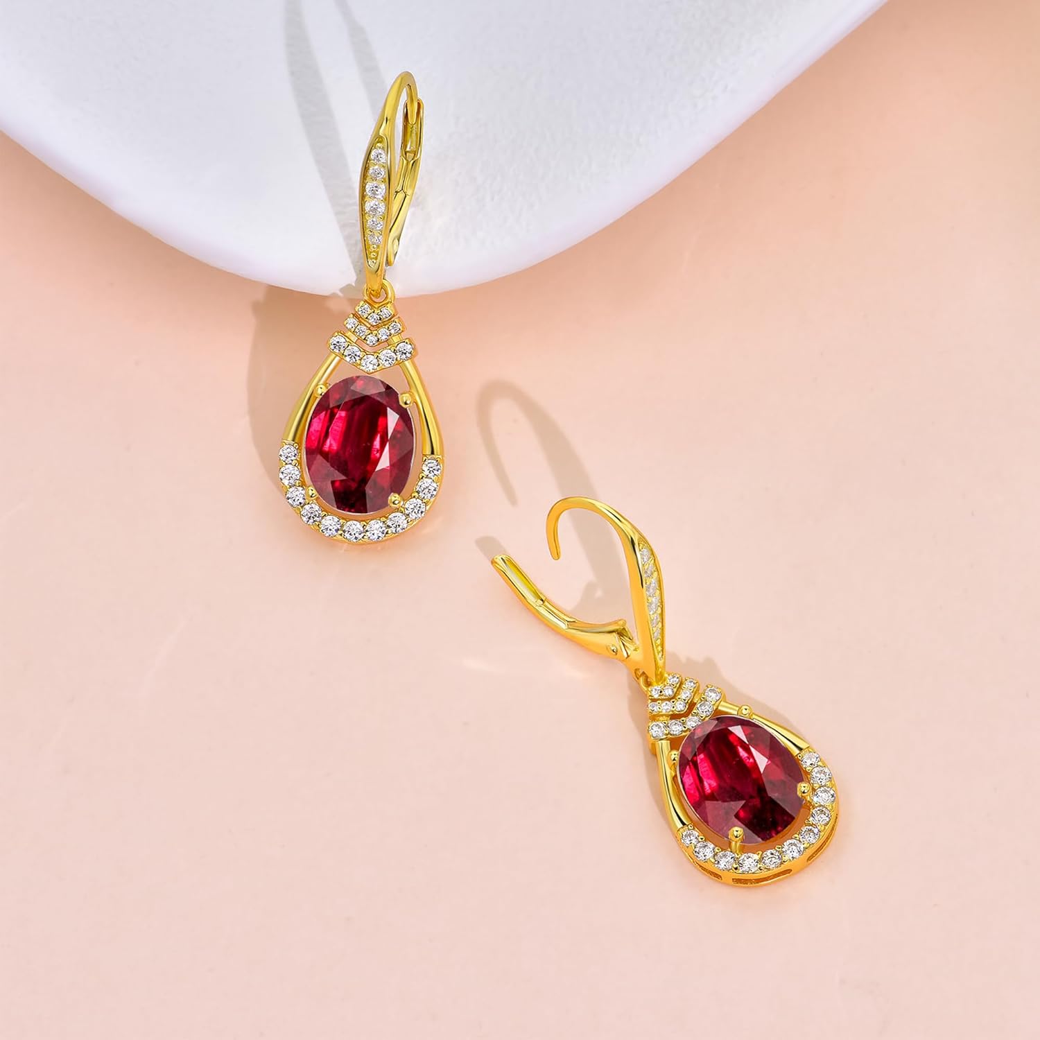 18K G Plated Sterling Silver Birthstone Dangle Earrings for Women | Oval Cut CZ Crystal Teardrop Leverback Earring Hypoallergenic | Bride Wedding Gifts | Anniversary Jewelry Birthday Gifts
