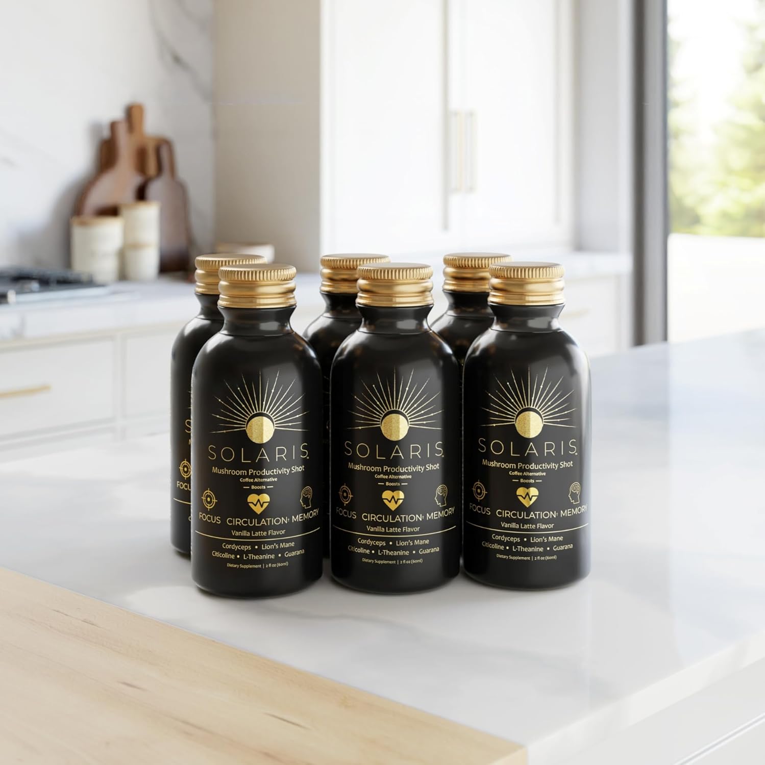 Solaris Mushroom Productivity Wellness Shots | Focus, Circulation, Memory | 4000mg of Cordyceps & Lion's Mane | Citicoline, L-Theanine, Vitamin B6/B12 | Coffee Alternative (6-Pack)