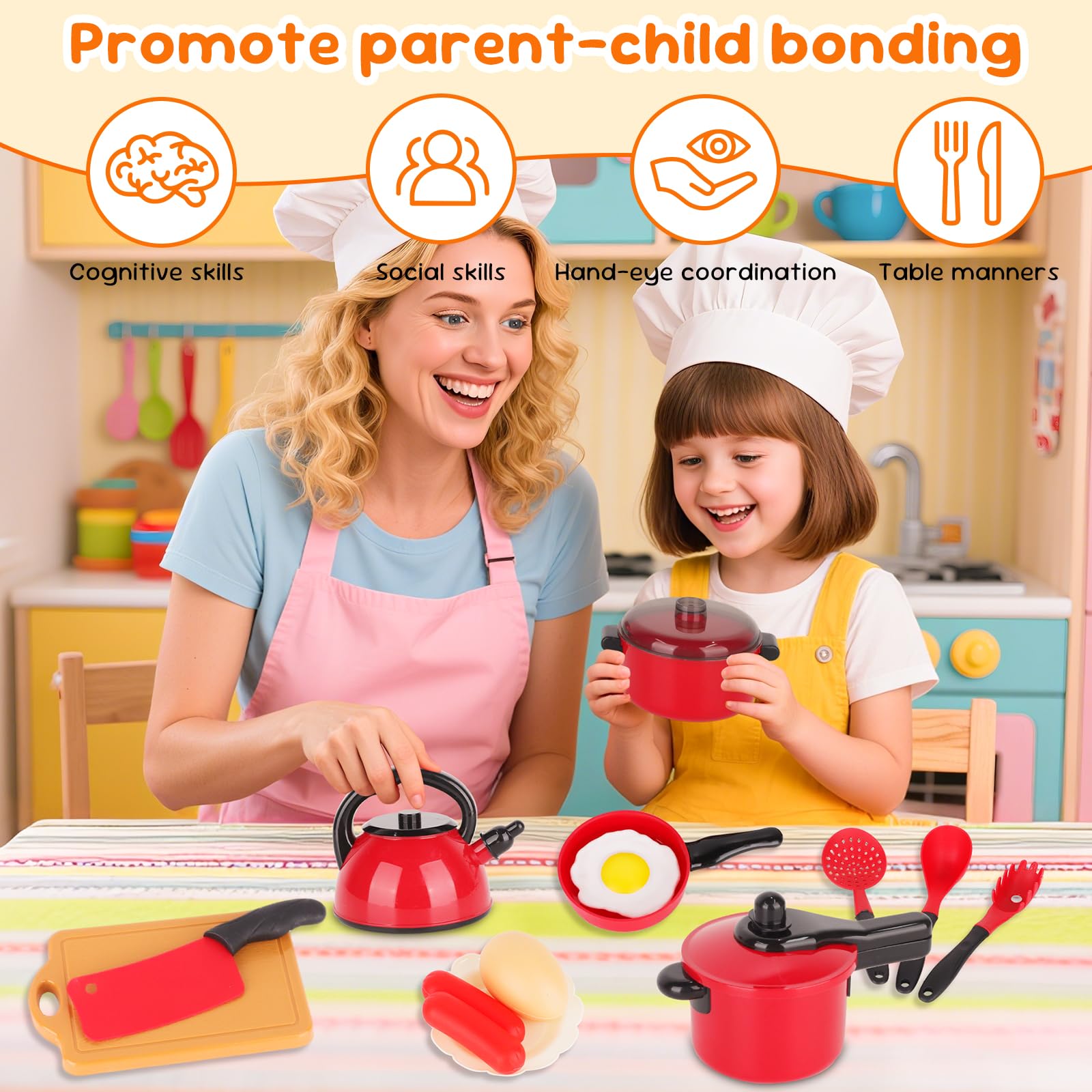 24 PCS Juguetes de Cocina para Niños - Juego de Ollas, Sartenes y Utensilios con Alimentos Cortables, Juguete Educativo Montessori para Niños/Niñas 3-8 Años, Ideal para Exteriores y Juego de rol (24)