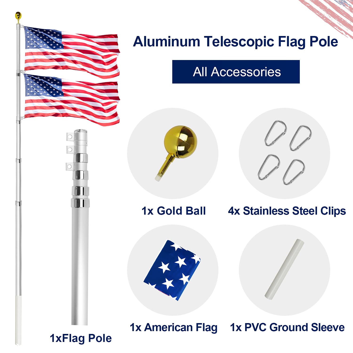 VAIIGO 20FT Telescoping Flag Pole Kit, Heavy Duty Aluminum Flag Pole