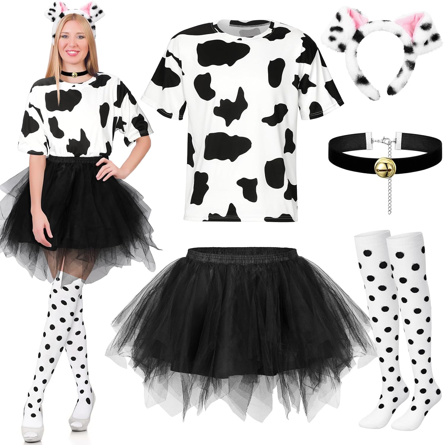 Mepase 5 Pcs Halloween Spotted Dog Costume for Women Cosplay 100 Days Spotted Top Tutu Skirt Headband Collar Stockings