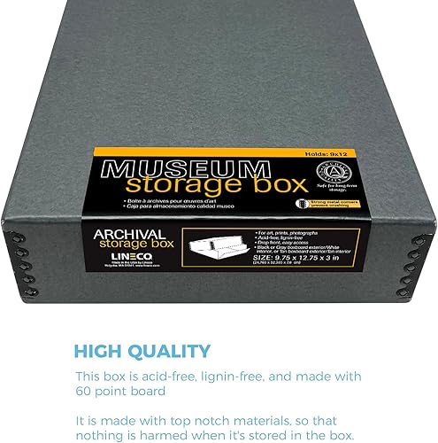 Miniatura 5 de Lineco, Caja de almacenamiento de archivo de museo de 9 x 12 pulgadas, diseño frontal caído. Sin ácidos con borde metálico. Protege la longevidad de