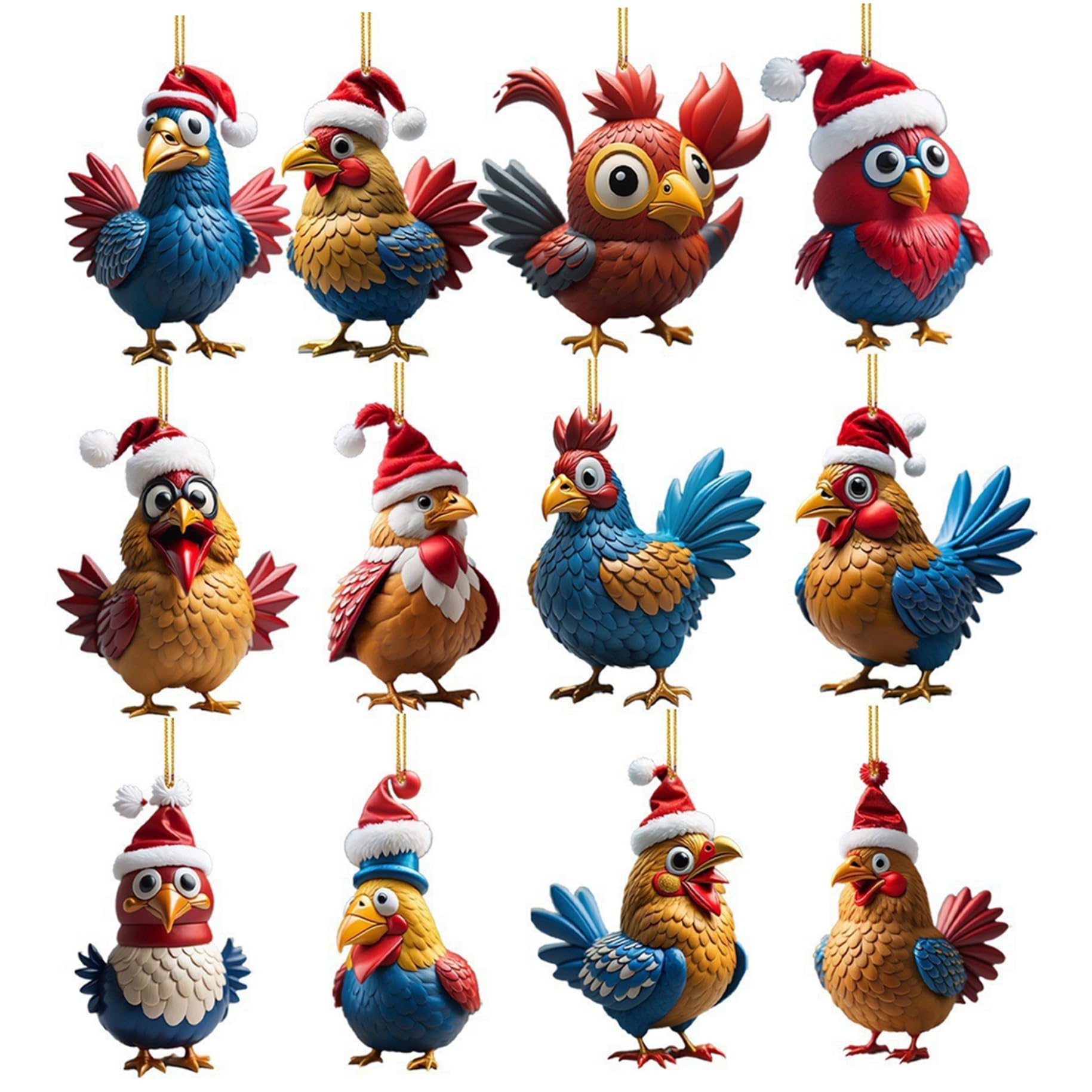 Gcroet 12PCS Chicken Christmas Ornament Hanging Cute Cartoon Lifelike Chicken Ornament 2D Flat Acrylic Christmas Tree Decorations for Outdoor Xmas Festival Party Ornaments..