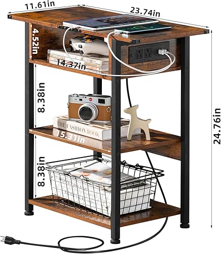 Miniatura 3 de Lerliuo Mesa auxiliar con estación de carga, mesa auxiliar estrecha con puertos USB y tomas, mesita de noche delgada marrón con estante de