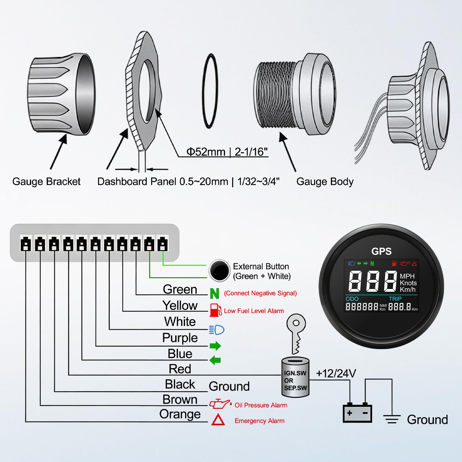 Geloo Compteur De Vitesse GPS, Odomètre Tachymètre Réglable étanche Numérique de 52 mm Kilométrique Jauge Indicateur Pour Voiture, Bateau, Moto, Camion (Noir)