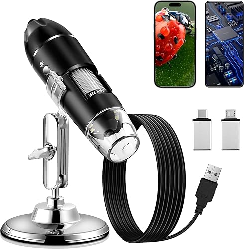 MCJ Microscopio digital USB, aumento 50X-1600X, mini microscopio portátil de mano con soporte ajustable, 8 LED HD USB Microscopio Cámara compatible