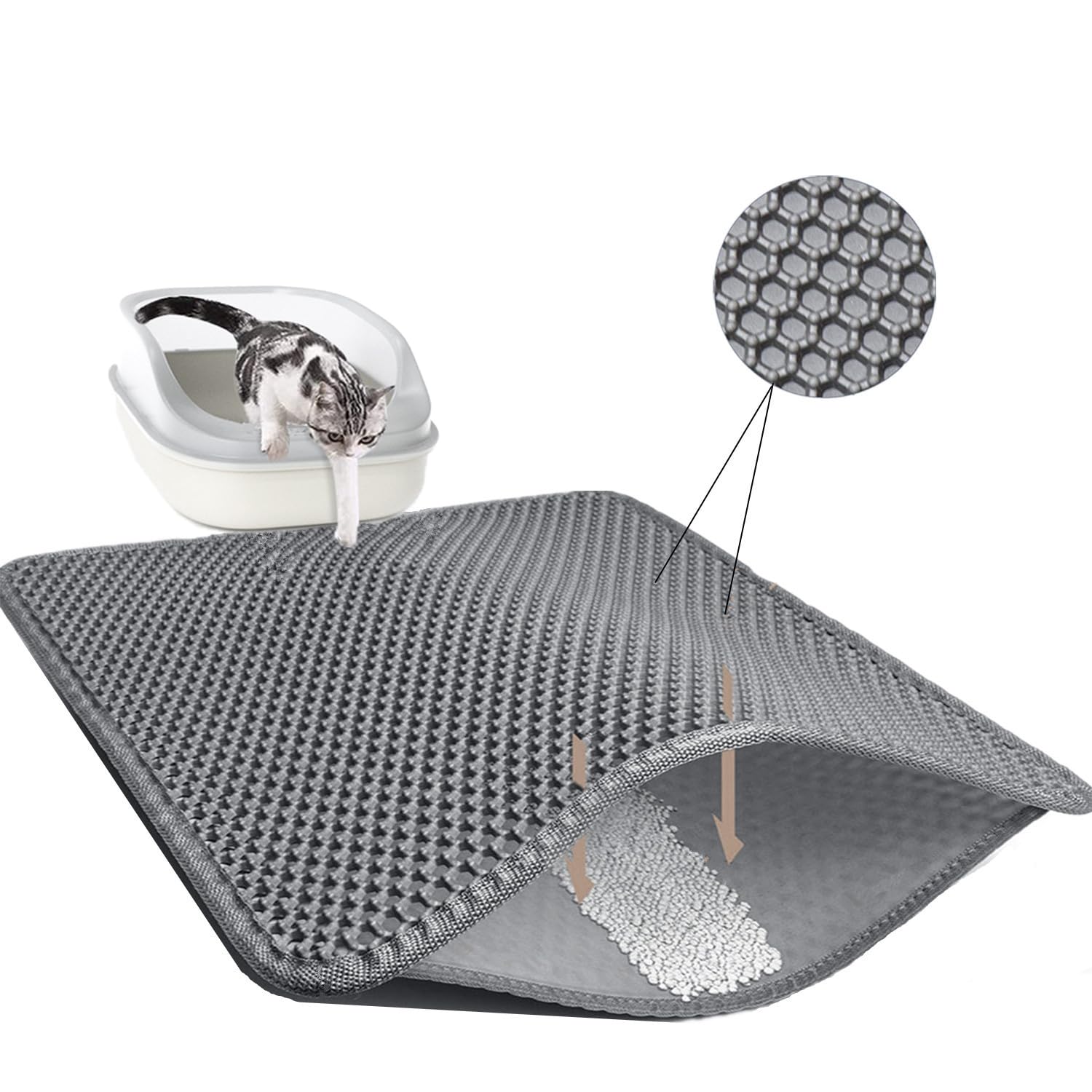 TidyNuts Cat Litter Mat 23.6"x15.7" Double Layer Waterproof & Non-Slip - Honeycomb Washable EVA Litter Mat for Scatter Control, Urine Proof Litter Trapping Mat for Litter Box(Grey)