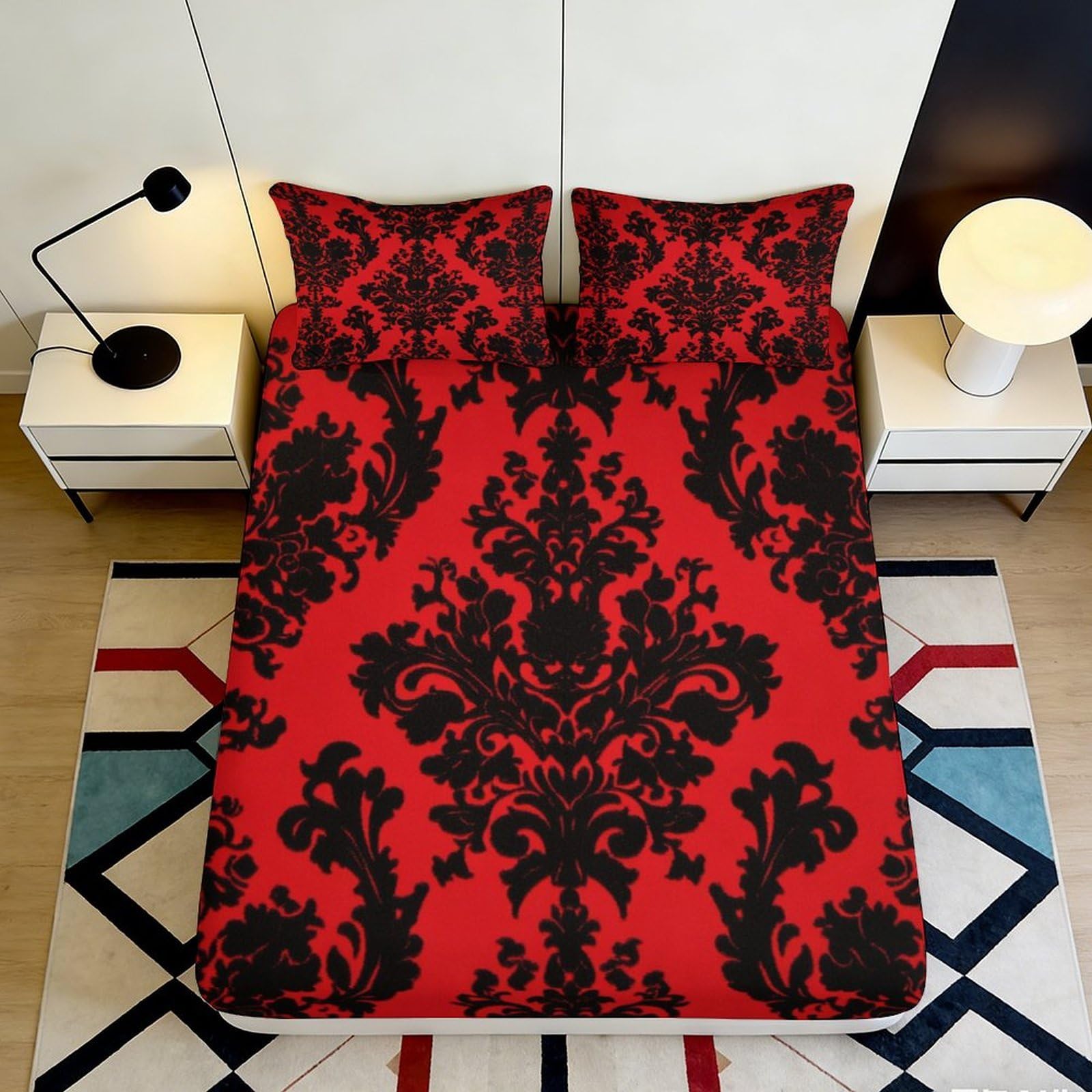3D Printed Red Baroque Fitted Sheet, Microfiber Soft Touch, Wrinkle Resistant, Bed Cover for Home Bedroom Decor, Guest Room Bedding 90x200x25cm