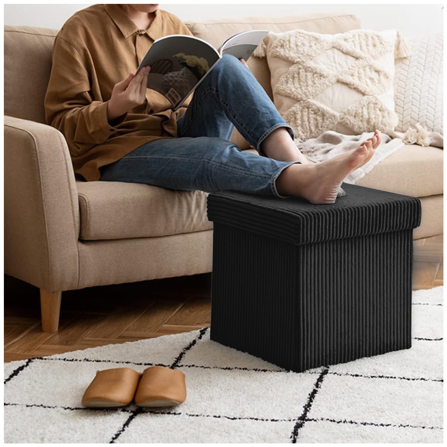 GC GAVENO CAVAILIA Ottoman Storage Box for Living Room | Toys, Clothes, Boucle Stool With Lid | Square Foldable Storage Box Footstool Storage Bench (38x38x38 cm) - Black