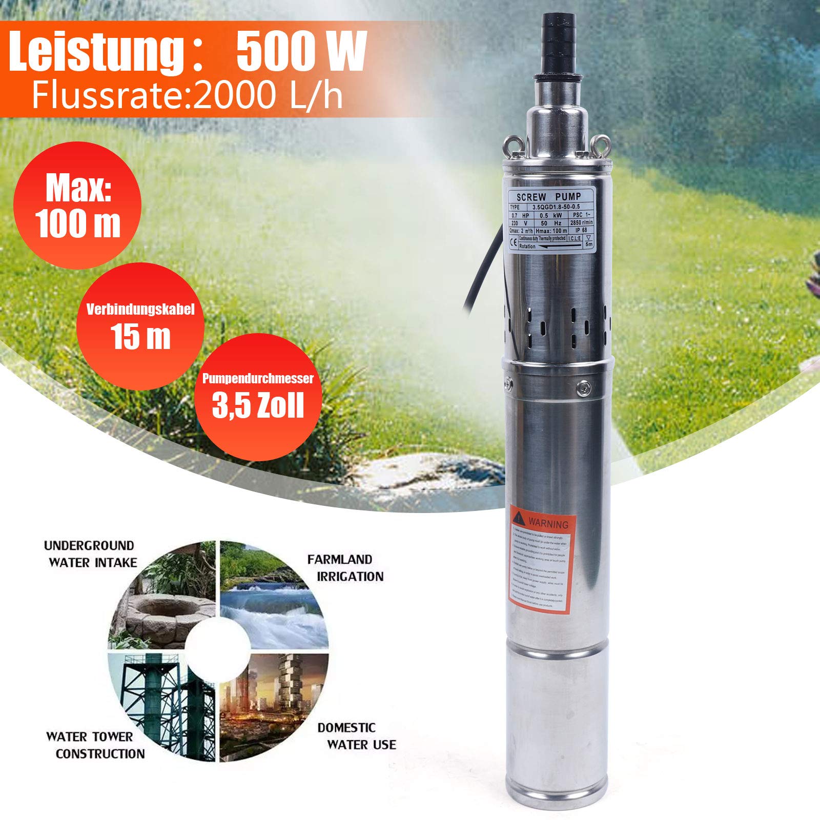 Bomba para pozos profundos, sumergible, acero inoxidable, 3,5 pulgadas, 500 W, caudal de 2 m³/439,94 gal/h, altura máxima de extracción 100 m/328,08 pies para riego agrícola paisajismo con cable de 15