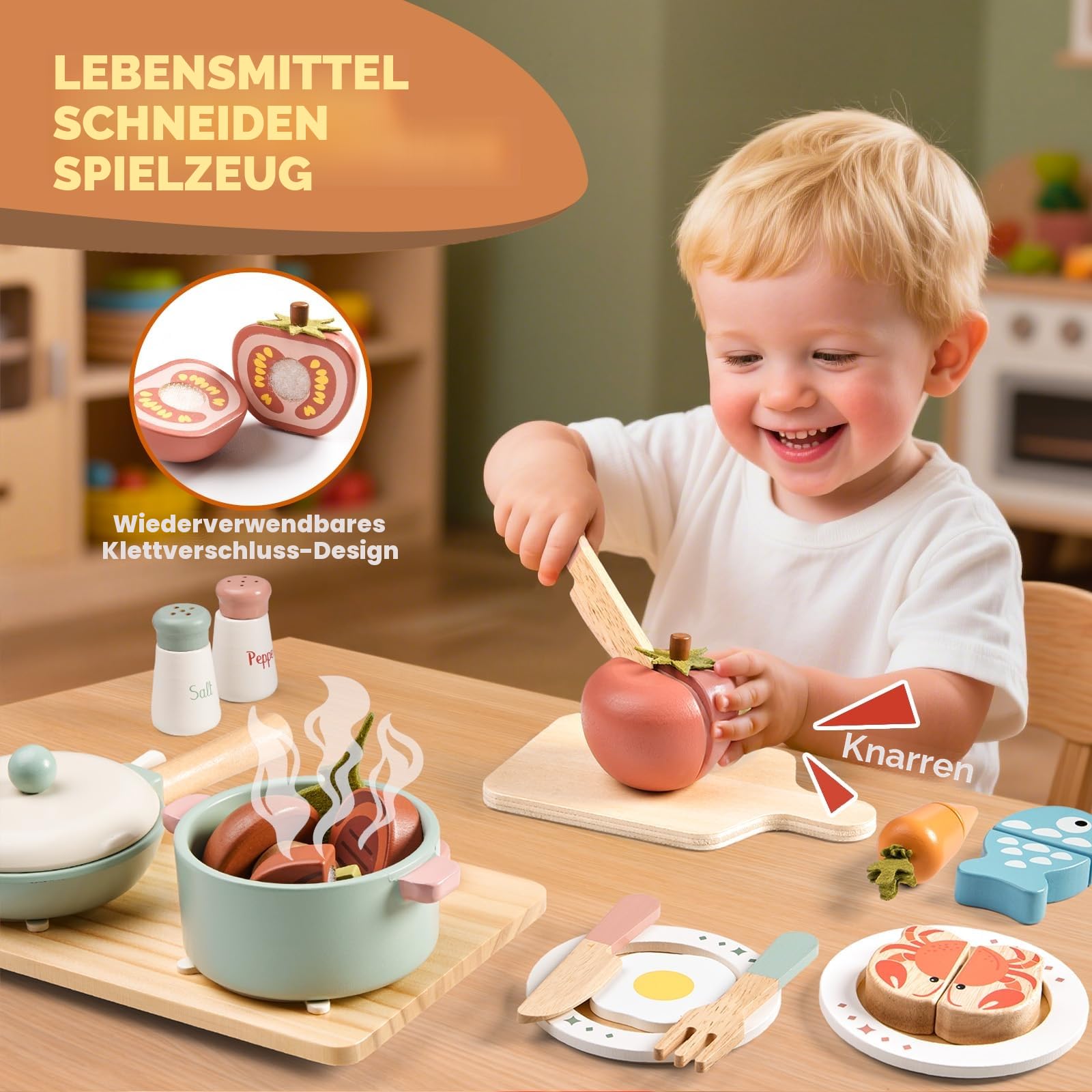 Holzspielzeug-Küchenzubehör, Topf- und Pfannenspielset für Kinder, Küchenspielset mit Spielzeugherd, Küchenspiele für Kleinkinder, Kinder-Essensspielzeug, 3-5