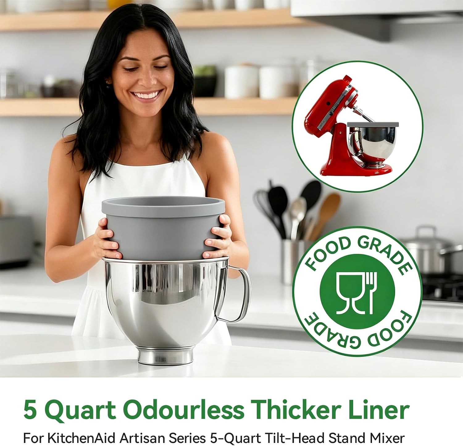 5 Qt Tilt-Head silicone liners for kitchenaid stand mixer, Silicone Bowl Liners with Lids, Kitchen Aid Accessories and Attachments for Baking and Cooking (1pcs Grey)