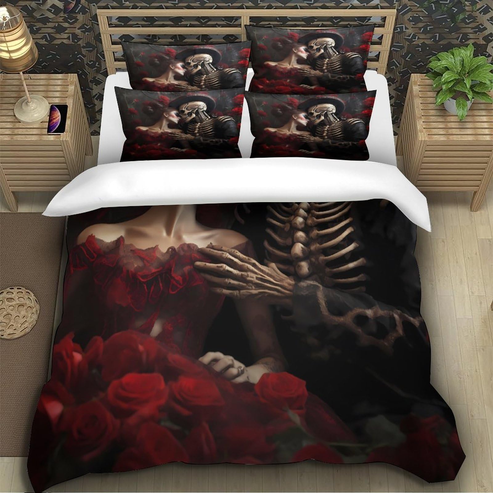 Copripiumino Coppia Scheletro Gotico 3D Stampato in Microfibra Decorazione Camera da Letto Set Biancheria da Letto Coppia Scheletrata Morbido Traspirante per Adulti Giovani Super king（260x220cm）